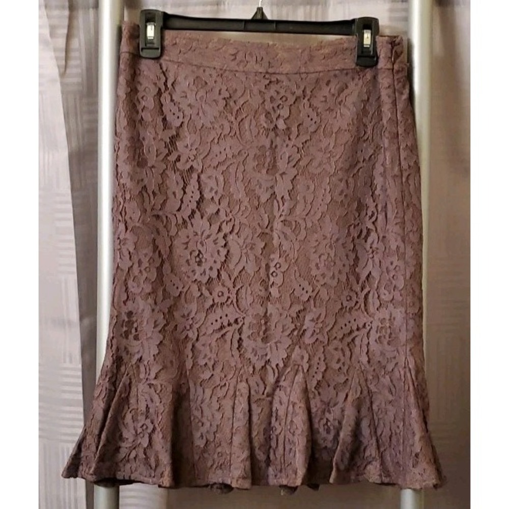 Alberto Makali Women's A-Line Skirt Size 8 Brown Lace Ruffled Hem